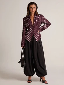 SHEIN BAE Women's Elegant Commute Polka Dot Print Tie Waist Blazer - Brown - View 4