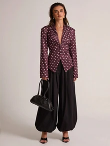 SHEIN BAE Women's Elegant Commute Polka Dot Print Tie Waist Blazer - Brown - View 1