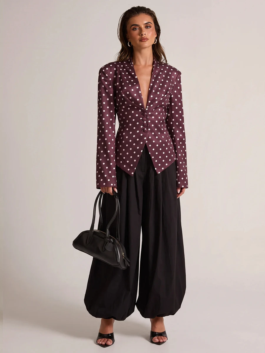 SHEIN BAE Women's Elegant Commute Polka Dot Print Tie Waist Blazer - Brown - View 1