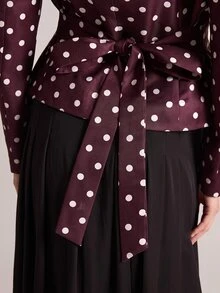 SHEIN BAE Women's Elegant Commute Polka Dot Print Tie Waist Blazer - Brown - View 6