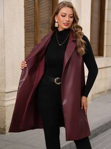 EMERY ROSE Women's Plus Size Sleeveless Lapel PU Burgundy Jacket Fall Winter 2026 Winter Outfit For Women Burgundy PU Lapel Long Coat - Burgundy - View 8