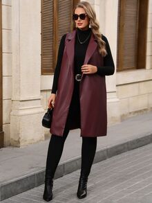 EMERY ROSE Women's Plus Size Sleeveless Lapel PU Burgundy Jacket Fall Winter 2026 Winter Outfit For Women Burgundy PU Lapel Long Coat - Burgundy - View 4