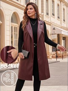 EMERY ROSE Women's Plus Size Sleeveless Lapel PU Burgundy Jacket Fall Winter 2026 Winter Outfit For Women Burgundy PU Lapel Long Coat - Burgundy - View 1