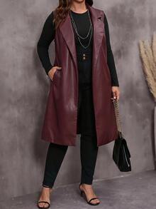 EMERY ROSE Women's Plus Size Sleeveless Lapel PU Burgundy Jacket Fall Winter 2026 Winter Outfit For Women Burgundy PU Lapel Long Coat - Burgundy - View 6