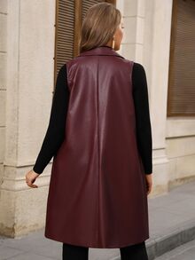 EMERY ROSE Women's Plus Size Sleeveless Lapel PU Burgundy Jacket Fall Winter 2026 Winter Outfit For Women Burgundy PU Lapel Long Coat - Burgundy - View 7
