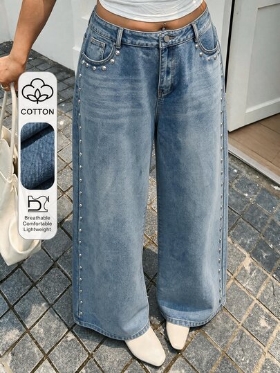 SHEIN EZwear Blugi din denim casual pentru femei, cu buzunare, design cu mărgele, croială largă și relaxată, pentru toamnă