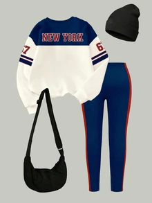 SHEIN 女童時尚 New York 67 徽章星星條紋海軍藍米色紅色拼接圖案基礎圓領運動衫與內搭褲2件套 - 彩色 - 查看 2