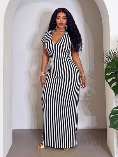 Slaydiva Plus Size Black And White Print Fitted Elegant Casual Short Sleeve Dress, Summer Brunch Bussines Evening