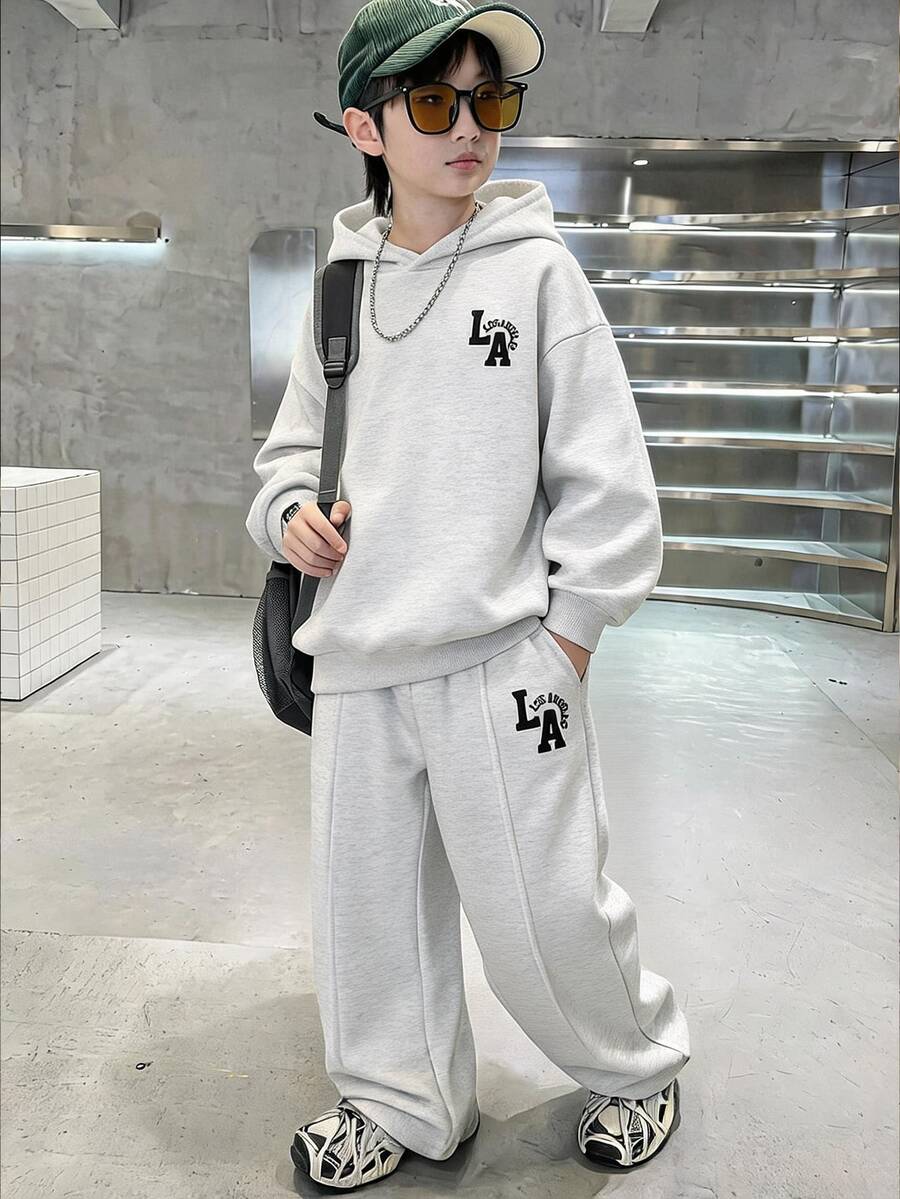 SHEIN Little Byeori 2件組兒童青少年男孩休閒極簡運動韓風字母圖案灰色連帽套頭長袖衛衣與長褲套裝，適合通勤、上學、日常休閒、度假、旅行、運動，秋冬款