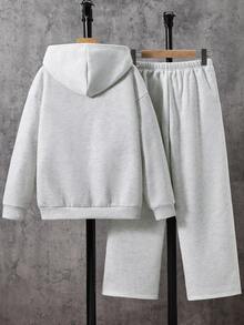 SHEIN Little Byeori 2件組兒童青少年男孩休閒極簡運動韓風字母圖案灰色連帽套頭長袖衛衣與長褲套裝，適合通勤、上學、日常休閒、度假、旅行、運動，秋冬款 - 灰色 - 查看 4