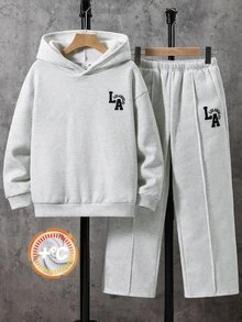 SHEIN Little Byeori 2件組兒童青少年男孩休閒極簡運動韓風字母圖案灰色連帽套頭長袖衛衣與長褲套裝，適合通勤、上學、日常休閒、度假、旅行、運動，秋冬款 - 灰色 - 查看 3