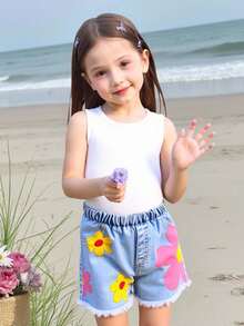 SHEIN Young Girl Casual Minimalist Comfortable Round Neck Sleeveless Floral Tank Top And Denim Shorts Set - Pink - View 3