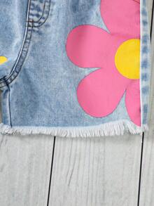 SHEIN Young Girl Casual Minimalist Comfortable Round Neck Sleeveless Floral Tank Top And Denim Shorts Set - Pink - View 4