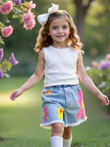 SHEIN Young Girl Casual Minimalist Comfortable Round Neck Sleeveless Floral Tank Top And Denim Shorts Set - Pink - View 1