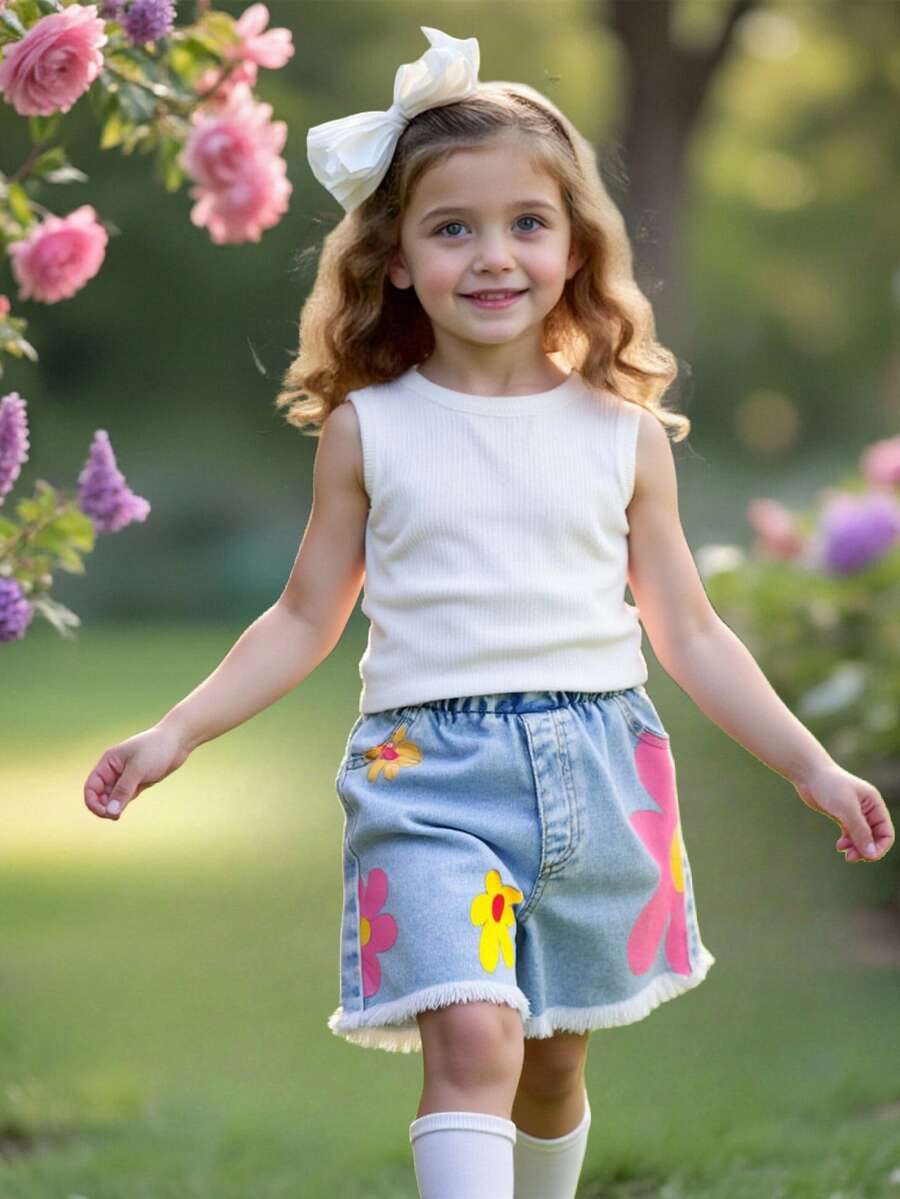 SHEIN Young Girl Casual Minimalist Comfortable Round Neck Sleeveless Floral Tank Top And Denim Shorts Set - Pink - View 1