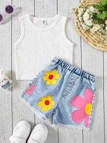 SHEIN Young Girl Casual Minimalist Comfortable Round Neck Sleeveless Floral Tank Top And Denim Shorts Set - Pink - View 2
