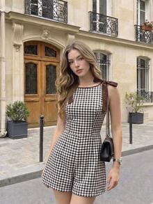 SHEIN MOD رومبير صيفي كاجوال للنساء بنقشة مربعات وربطة أمامية - بني - مشاهدة 1