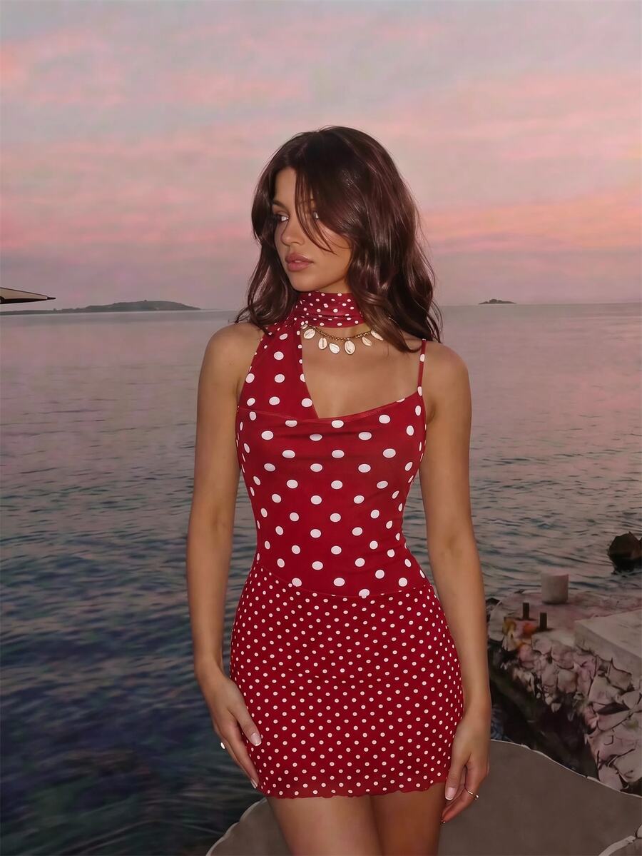 SHEIN MOD Women's Polka Dot Casual Date Party Mini Dress - Cherry Red - View 1