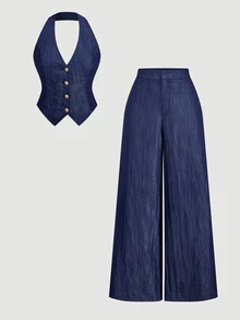 SHEIN MOD Women's Single-Breasted Halter Neck Vest And Wide Leg Pants Suit Set Brunch City Break Navy Blue Autumn Smart Casual Streetwear - Navy Blue - View 2