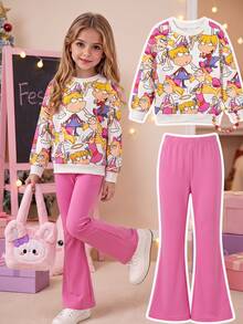 Nick 90s | SHEIN 2件組小女孩 Nick 90年代趣味卡通印花長袖運動衫與喇叭褲套裝，亮粉色休閒套頭上衣套裝，適合學校冬季穿著 - 彩色 - 查看 1