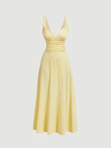 SHEIN MOD Women's Solid Color Pleated Elegant Waist-Cinching Long Dress For Party And Gathering - Pale Yellow - View 3