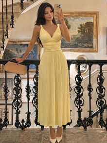 SHEIN MOD Women's Solid Color Pleated Elegant Waist-Cinching Long Dress For Party And Gathering - Pale Yellow - View 4