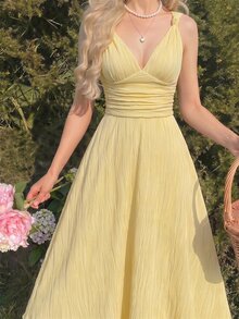 SHEIN MOD Women's Solid Color Pleated Elegant Waist-Cinching Long Dress For Party And Gathering - Pale Yellow - View 1