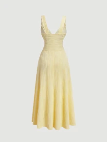 SHEIN MOD Women's Solid Color Pleated Elegant Waist-Cinching Long Dress For Party And Gathering - Pale Yellow - View 2