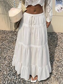 SHEIN EZwear 女款純色荷葉邊休閒波希米亞風長裙，百搭秋季單品，白色人造絲面料，長款寬鬆超低腰，適合海灘度假 - 白色 - 查看 2
