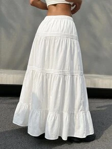 SHEIN EZwear 女款純色荷葉邊休閒波希米亞風長裙，百搭秋季單品，白色人造絲面料，長款寬鬆超低腰，適合海灘度假 - 白色 - 查看 3