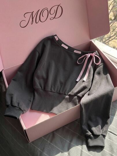 SHEIN MOD Women's Fashion Drawstring Lace-Up Asymmetric Shoulder Long Sleeve Cinched Waist Sweatshirt