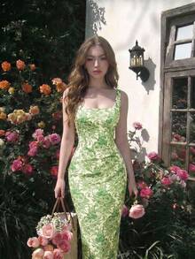 SHEIN MOD Pale Yellow Print Fitted Slit Midi Dress Vacation Summer Elegant - Green - View 2