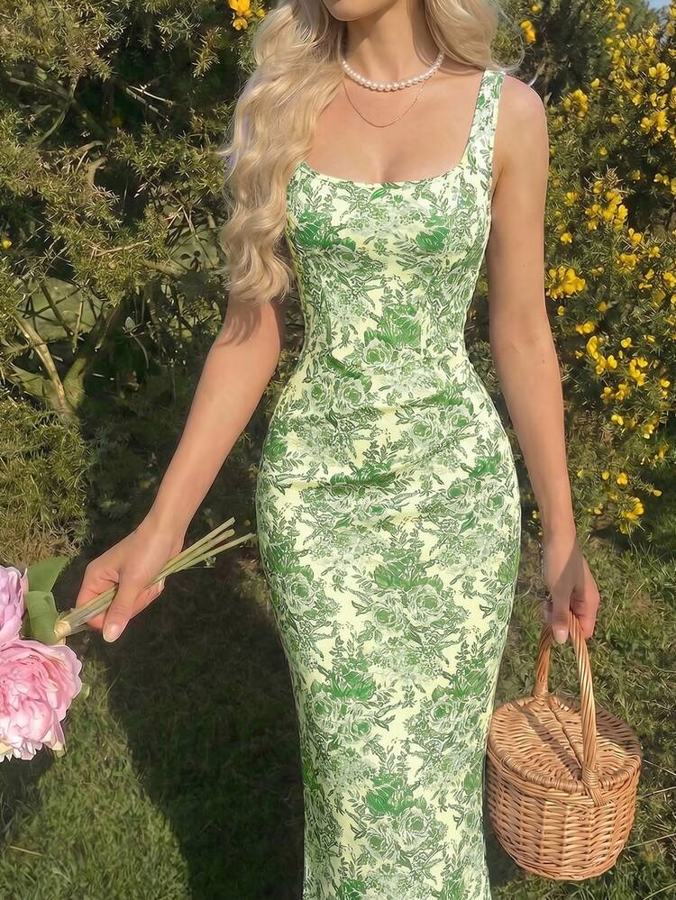 SHEIN MOD Pale Yellow Print Fitted Slit Midi Dress Vacation Summer Elegant - Green - View 1