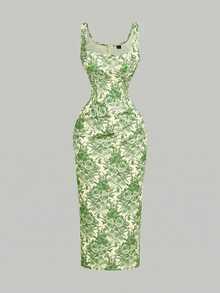 SHEIN MOD Pale Yellow Print Fitted Slit Midi Dress Vacation Summer Elegant - Green - View 3