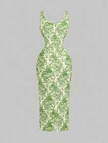 SHEIN MOD Pale Yellow Print Fitted Slit Midi Dress Vacation Summer Elegant - Green - View 4