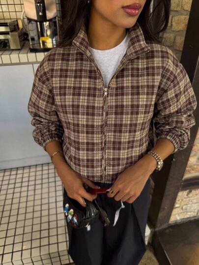 Aloruh Women's Casual Fashion Vintage Plaid Stand Collar Zip-Up Jacket,  Sporty Chic Office Wear, Layering Piece, Going Out, Daily Errands