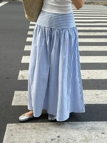 Serisse Women's Vacation Blue And White Stripe Fashionable Versatile Zipper Skirt Bali Vacation Autumn Casual - Blue and White - View 5