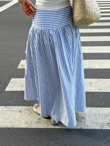 Serisse Women's Vacation Blue And White Stripe Fashionable Versatile Zipper Skirt Bali Vacation Autumn Casual - Blue and White - View 3