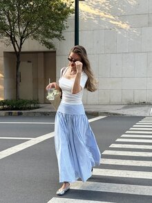 Serisse Women's Vacation Blue And White Stripe Fashionable Versatile Zipper Skirt Bali Vacation Autumn Casual - Blue and White - View 6