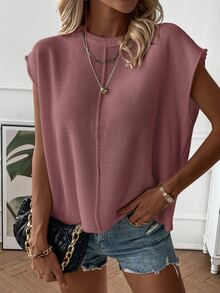 SHEIN Women's Minimalist Business Professional Collared Regular Shoulder Short Sleeve Casual Versatile Knit Top Plus Size Autumn Daytime Dusty Mauve Hiking - Red Violet - View 6