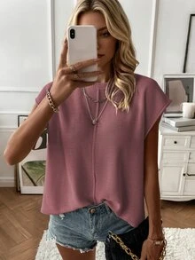 SHEIN Women's Minimalist Business Professional Collared Regular Shoulder Short Sleeve Casual Versatile Knit Top Plus Size Autumn Daytime Dusty Mauve Hiking - Red Violet - View 1