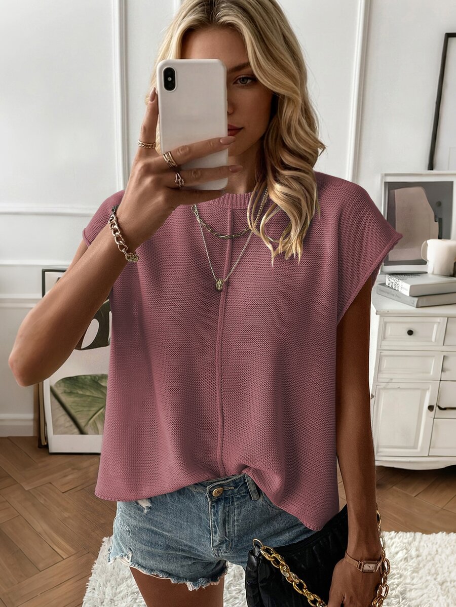 SHEIN Women's Minimalist Business Professional Collared Regular Shoulder Short Sleeve Casual Versatile Knit Top Plus Size Autumn Daytime Dusty Mauve Hiking - Red Violet - View 1