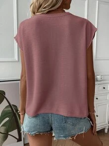 SHEIN Women's Minimalist Business Professional Collared Regular Shoulder Short Sleeve Casual Versatile Knit Top Plus Size Autumn Daytime Dusty Mauve Hiking - Red Violet - View 2
