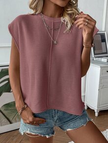SHEIN Women's Minimalist Business Professional Collared Regular Shoulder Short Sleeve Casual Versatile Knit Top Plus Size Autumn Daytime Dusty Mauve Hiking - Red Violet - View 5
