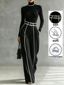 SHEIN 時尚通勤女款 2 件套 黑白修身上衣與直筒長褲，秋冬新款，適合上班與休閒穿著 - 黑色 - 查看 2