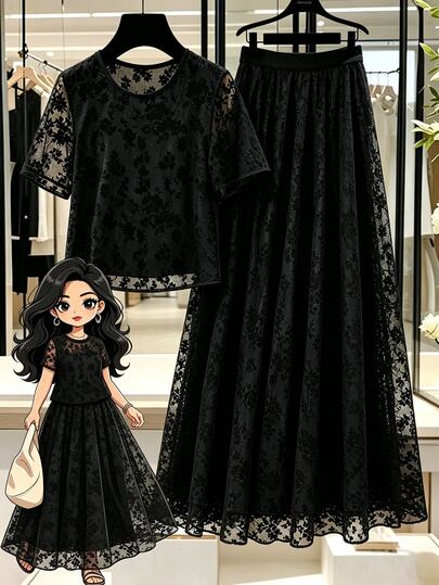 GlowEve CURVE Knitted Flocked Mesh Round Neck Short Sleeve Top With Lining, Flared Skirt With Lining, Elegant, Party, Daily, Casual, Vacation, Plus Size Women 2-Piece Set