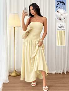 SHEIN PETITE 女款純色百褶優雅抹胸洋裝 - 黃色 - 查看 6