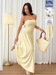 SHEIN PETITE 女款純色百褶優雅抹胸洋裝 - 黃色 - 查看 7