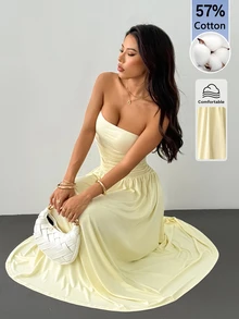 SHEIN PETITE 女款純色百褶優雅抹胸洋裝 - 黃色 - 查看 8