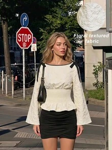 SHEIN MOD 女款提花肩部打結收腰抓皺時尚襯衫 - 杏色 - 查看 1
